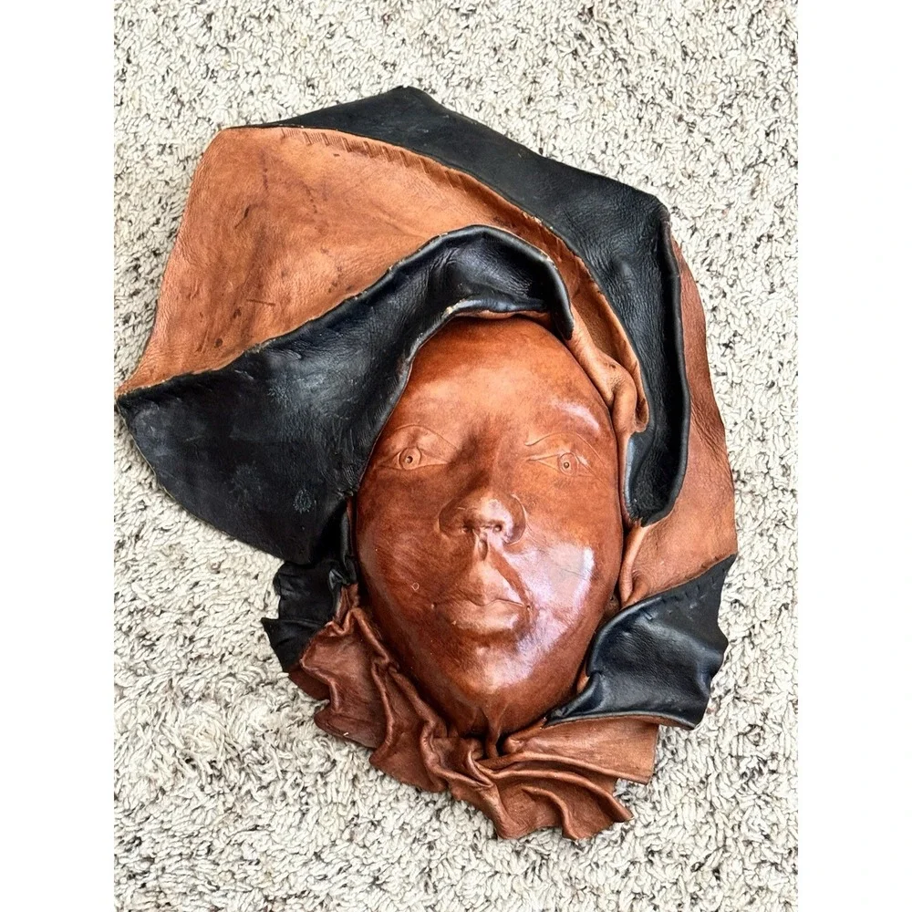 Vintage Africa Tribal‎ Leather Face Mask Hand Sculptured Decorative Wall Art
